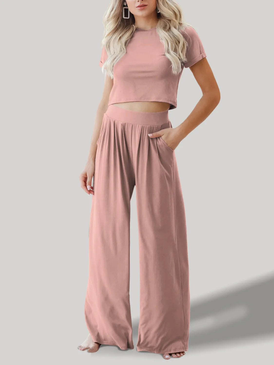 Round Neck Short Sleeve Top and Pants Set