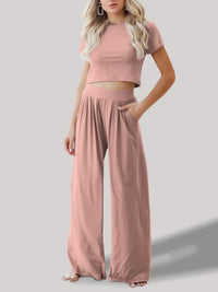 Round Neck Short Sleeve Top and Pants Set