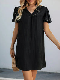 Textured V-Neck Short Sleeve Mini Dress