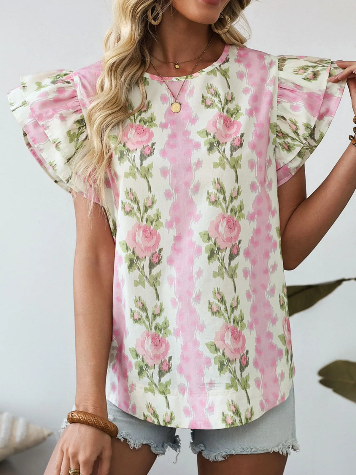 Floral Print Ruffled Sleeve Blouse