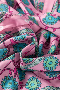 Printed Shirred Sleeve Buttoned Front Midi Dress with Sash