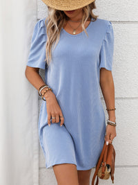 Textured Round Neck Short Sleeve Mini Dress