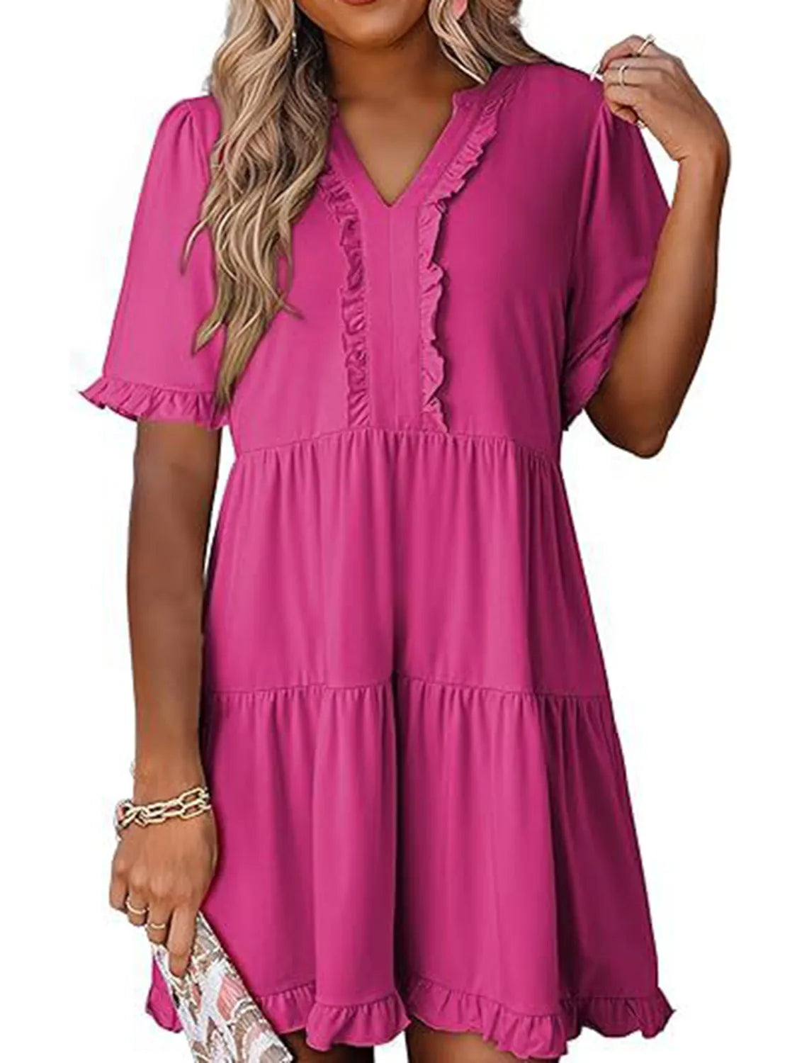 Tiered Notched Short Sleeve Mini Dress