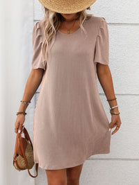 Textured Round Neck Short Sleeve Mini Dress