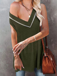 V-Neck Contrast Trim Waffle Knit Tank Top