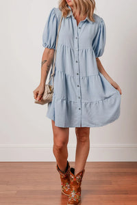 Button Up Puff Sleeve Tiered Shirt Dress
