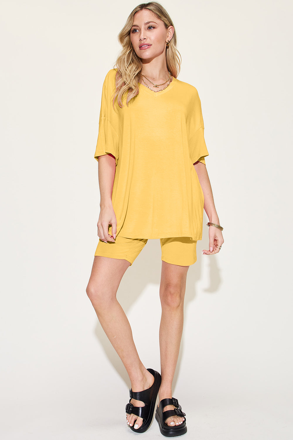 Bamboo Full Size V-Neck Drop Shoulder T-Shirt and Shorts Set