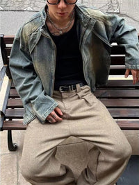 Men's Vintage Washed Denim Jacket with Classic Collar