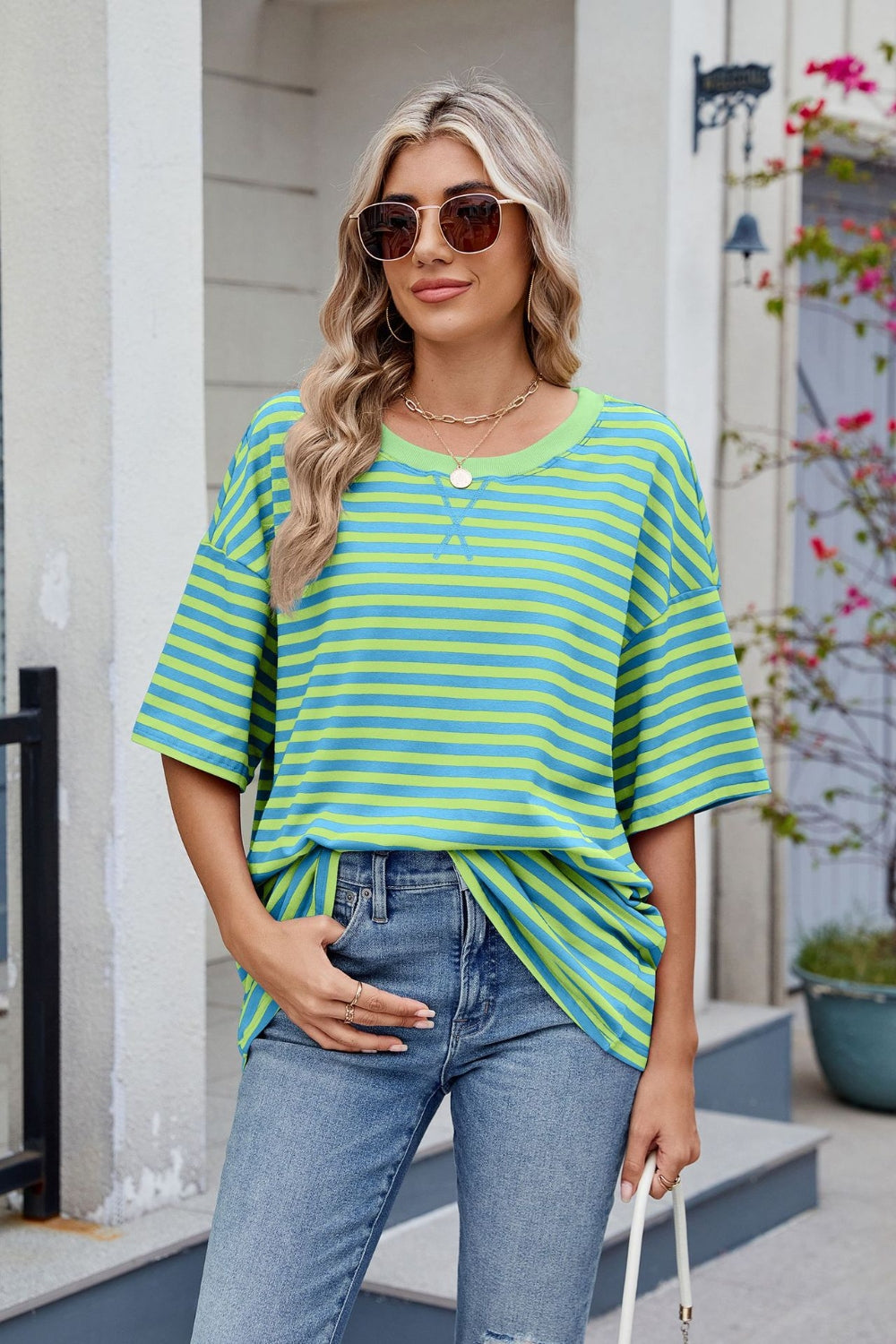 Contrast Striped Round Neck Half Sleeve T-Shirt