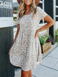 Leopard Round Neck Short Sleeve Mini Tee Dress