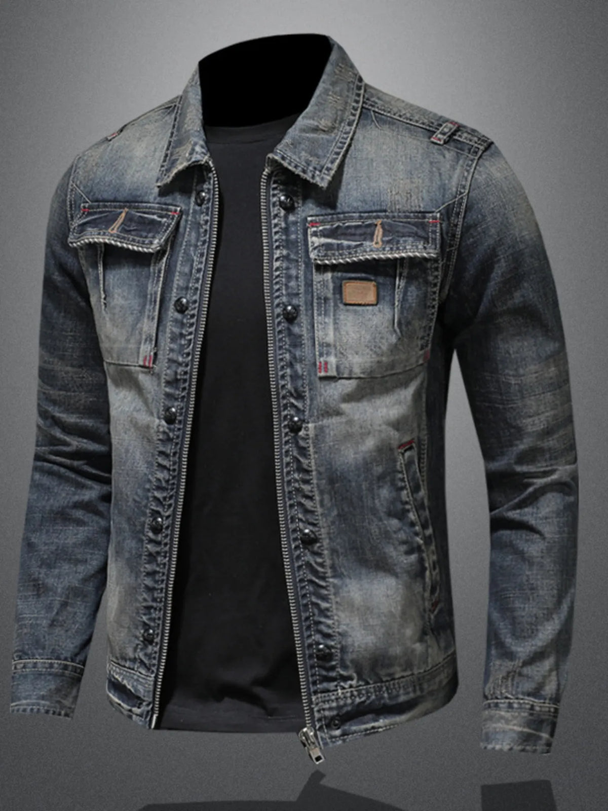 Men's Plus Size Washed Zip Up Denim Jacket with Chest Pockets