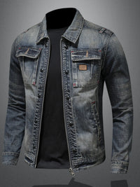 Men's Plus Size Washed Zip Up Denim Jacket with Chest Pockets