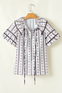 Floral Ruffled Collar Short Puff Sleeve Printed Blouse