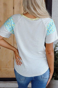 Stripe Floral Insert Sleeves Contrast Round Neck Tee