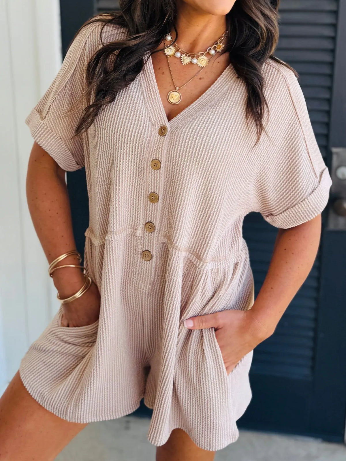 Casual Button-Front Ribbed Romper