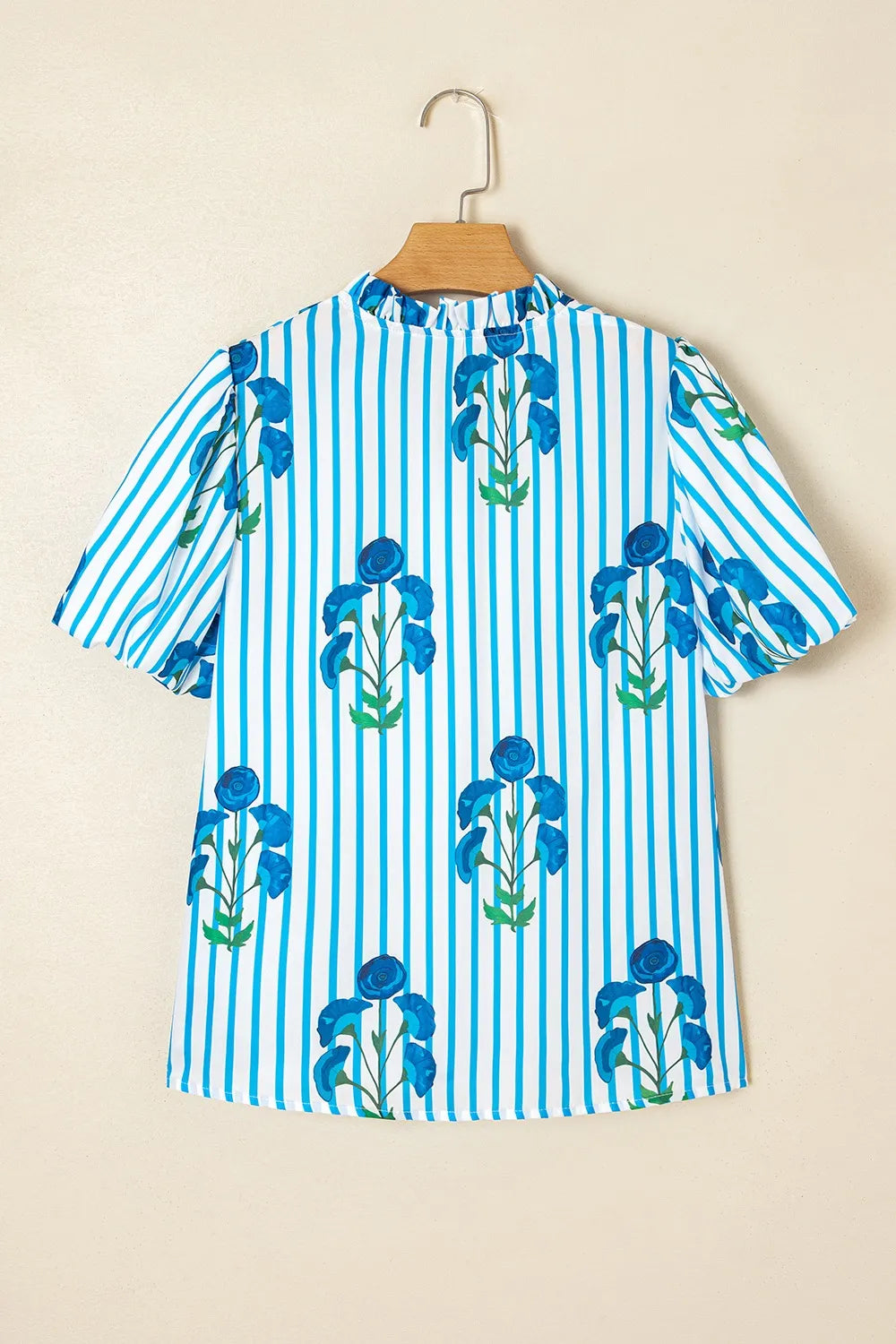 Stripe Floral Notched Neck Puff Sleeve Summer Blouse