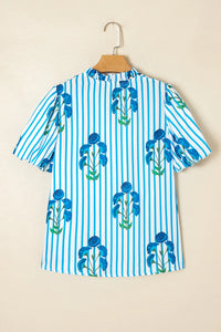 Stripe Floral Notched Neck Puff Sleeve Summer Blouse