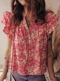 Printed Half Button Neck Ruffle Sleeve Blouse