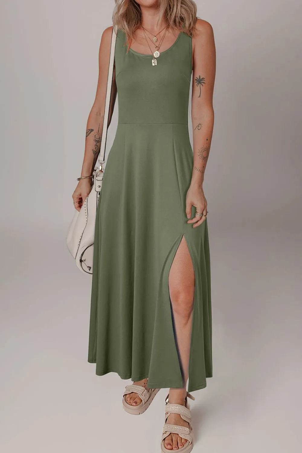 Side Slit Scoop Neck Wide Strap Dress