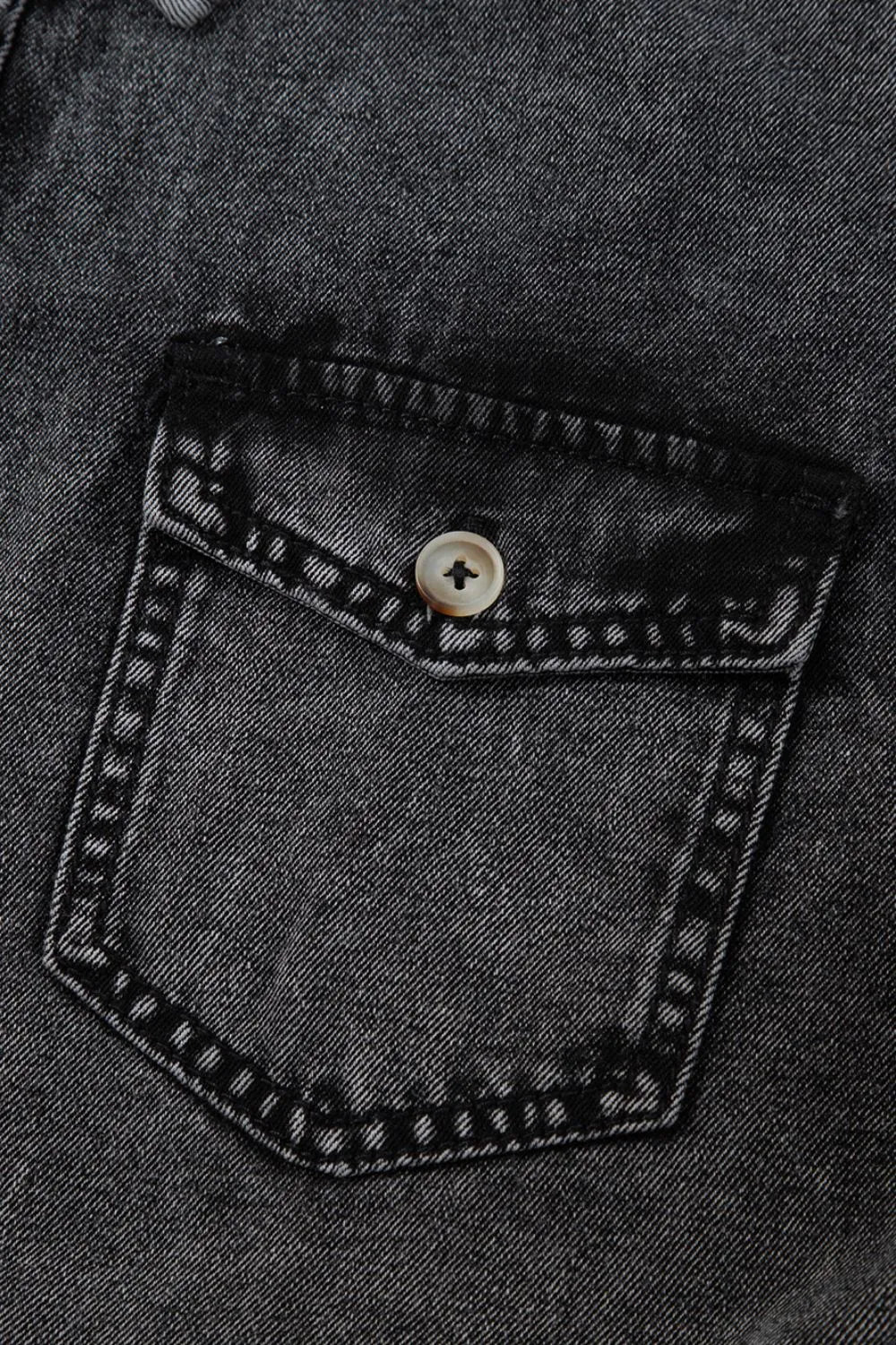 Short Sleeve Flap Pocket Button Up Raw Hem Denim Shirt