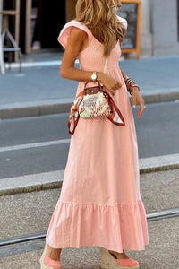 V Neck Ruffled Cap Sleeve Smocked Maxi Dress