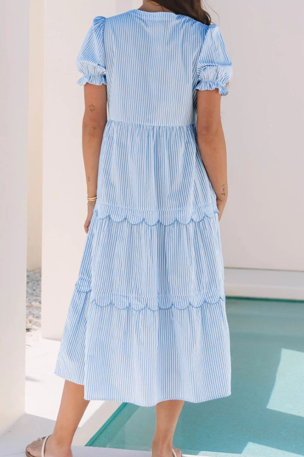 Stripe Bubble Short Sleeve Tiered Scallop Midi Dress