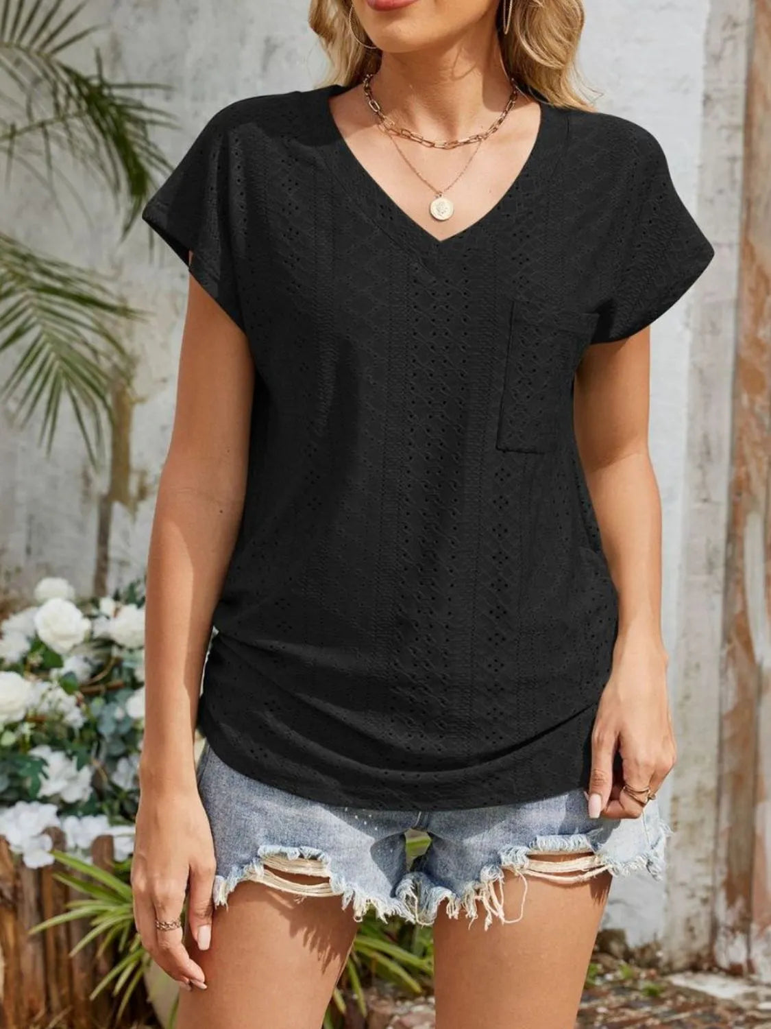 Eyelet V-Neck Short Sleeve Top