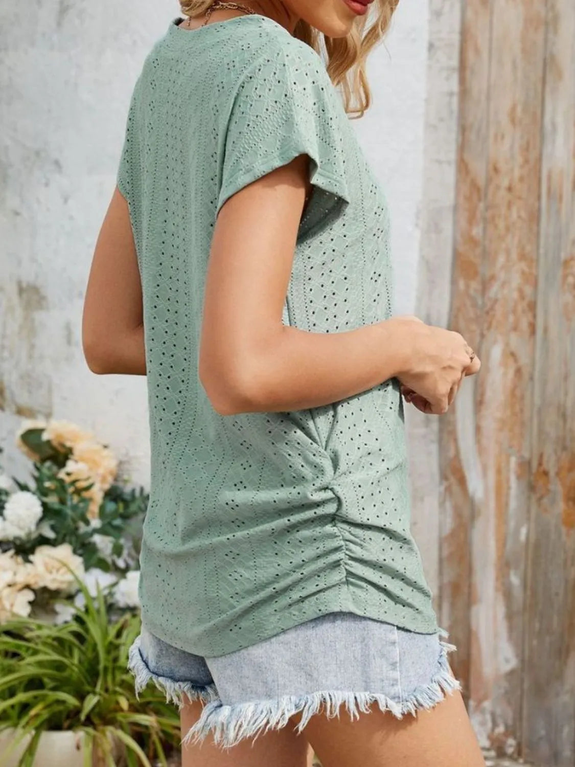 Eyelet V-Neck Short Sleeve Top