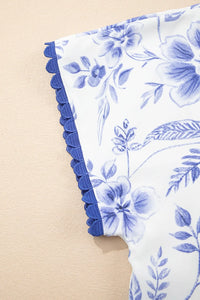 Floral Print Ricrac Trim Short Sleeve Blouse