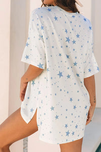 Stars Print Drop Shoulder Oversized T Shirt with Slits