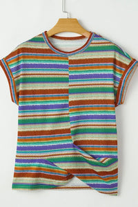 Multicolour Striped Twist Hem Cap Sleeve Top