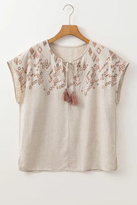 Geometric Embroidered Short Sleeve Tassel Tie Neck Blouse