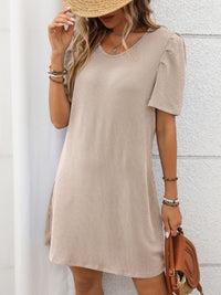 Textured Round Neck Short Sleeve Mini Dress