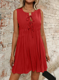 Tied Front Pleated Sleeveless Mini Dress