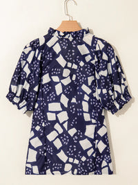 Abstract Print Frilled Puff Sleeve V Neck Blouse