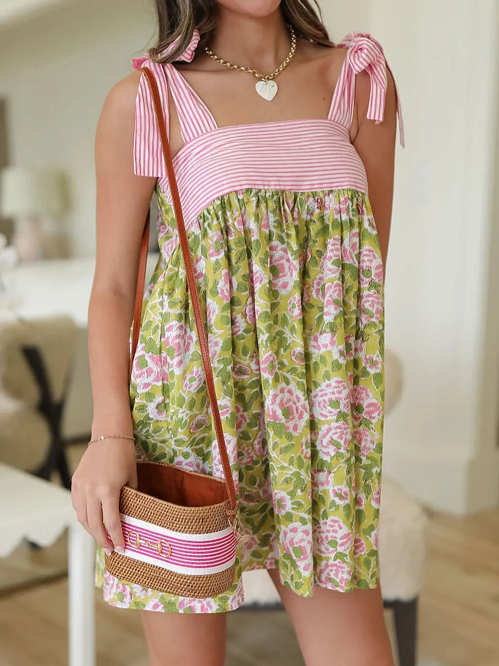 Printed Tie Shoulder Mini Cami Dress