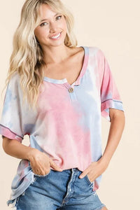 BiBi Tie Dye French Terry Top With Buttoned Placket