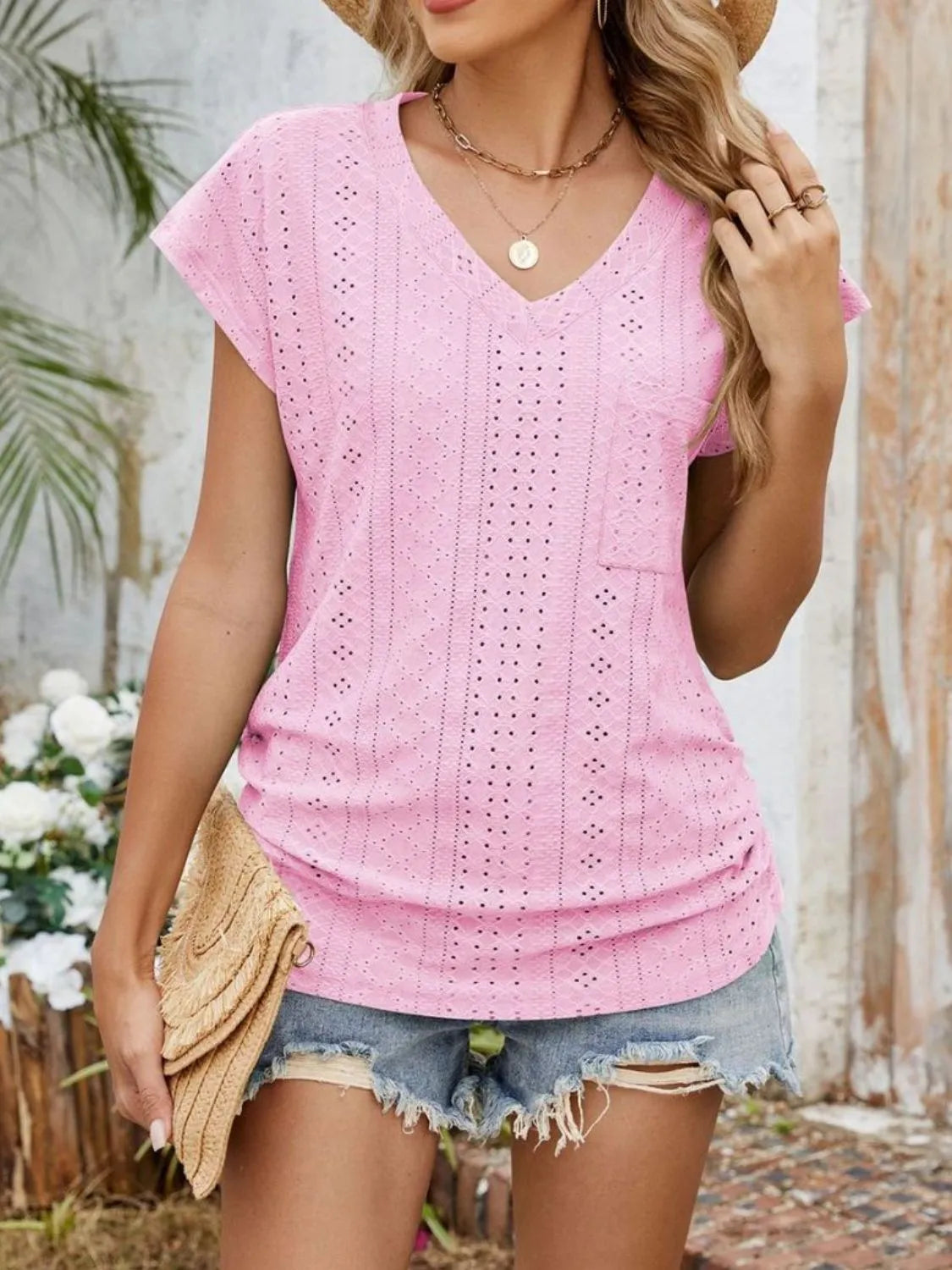 Eyelet V-Neck Short Sleeve Top