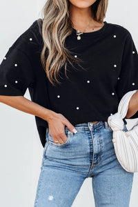 Pearl Beaded Round Neck Half Sleeve T Shirt
