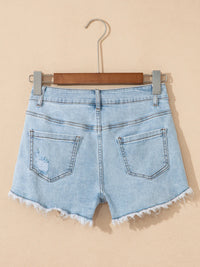 High Rise Distressed Raw Hem Denim Shorts