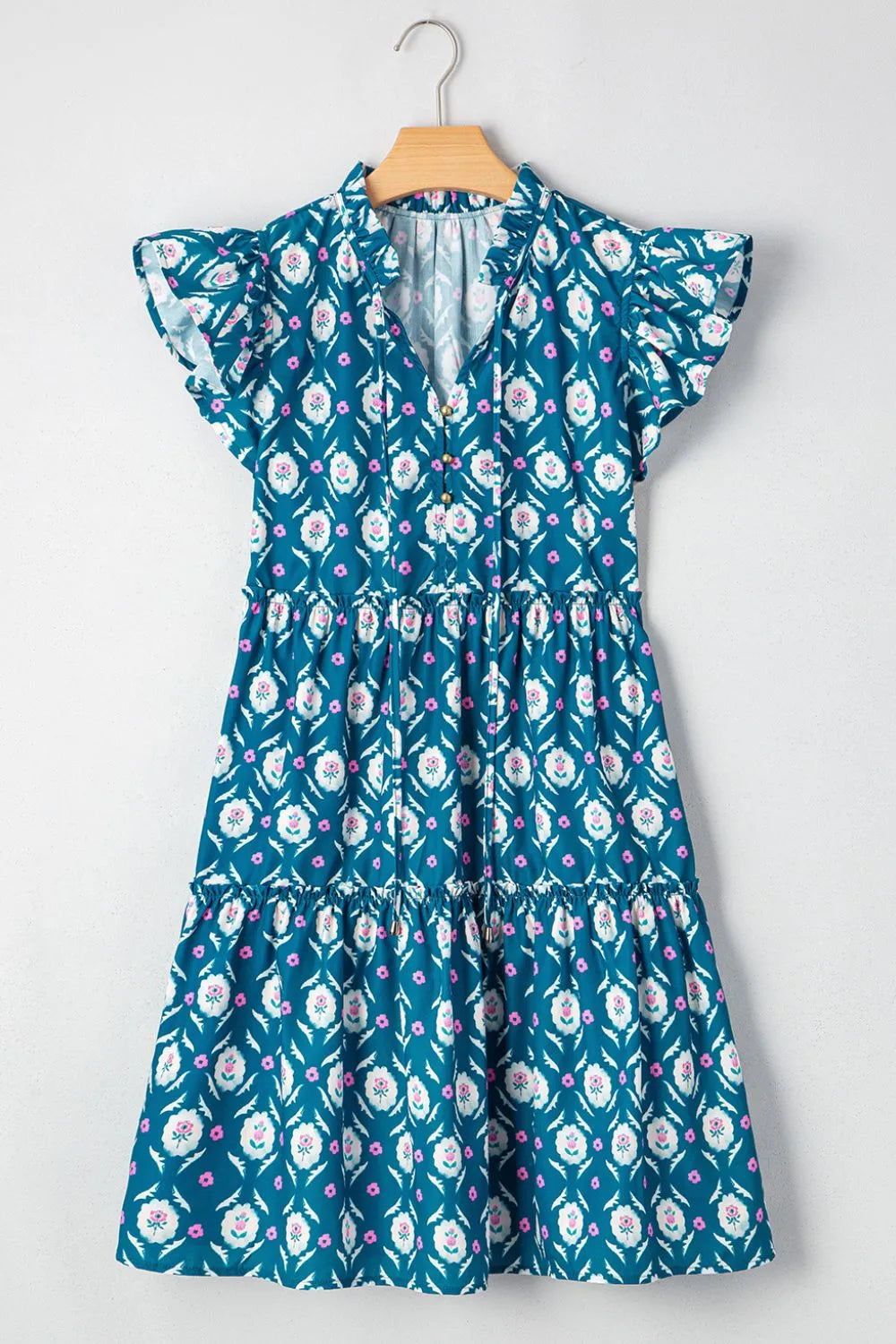 Printed Tie Neck Ruffled Cap Sleeve Dress
