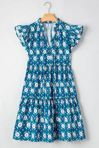 Printed Tie Neck Ruffled Cap Sleeve Dress