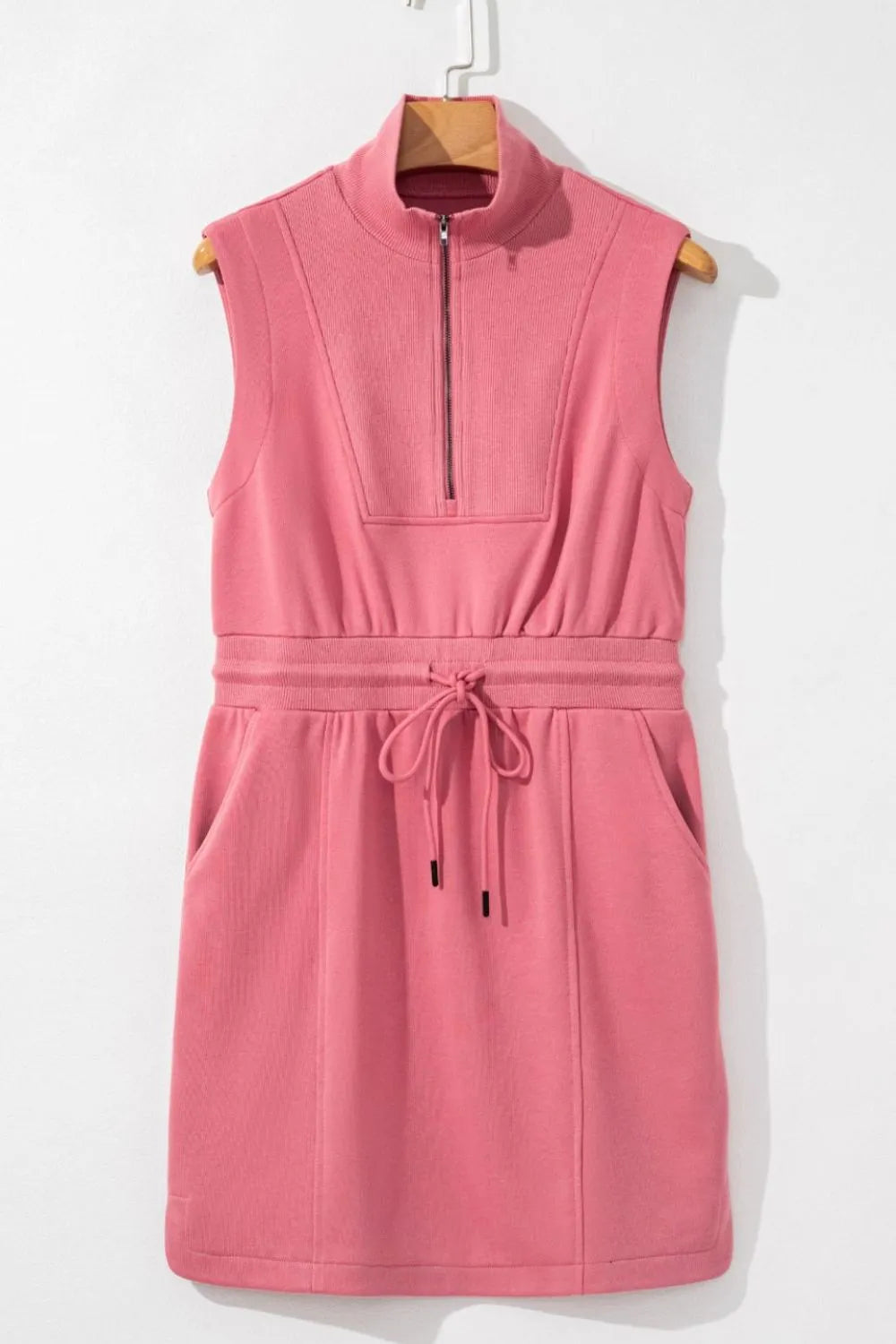 French Terry Zipped Collar Sleeveless Drawstring Waist Mini Dress