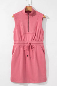 French Terry Zipped Collar Sleeveless Drawstring Waist Mini Dress