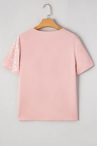 Leopard Jacquard Patchwork Crisscross V Neck Short Sleeve Blouse