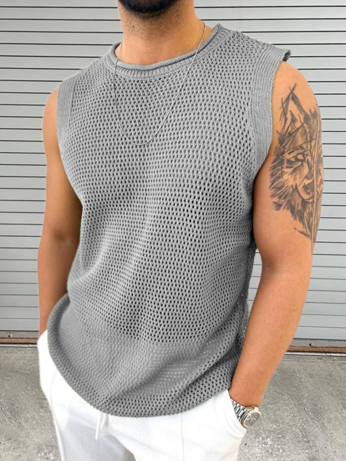 Men's Openwork Round Neck Sleeveless Knit Top