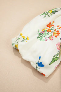 Floral Short Puff Sleeve Notched Blouse