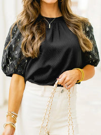 Bubble Sleeve Patchwork Textured Blouse