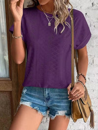 Eyelet Round Neck Short Sleeve T-Shirt