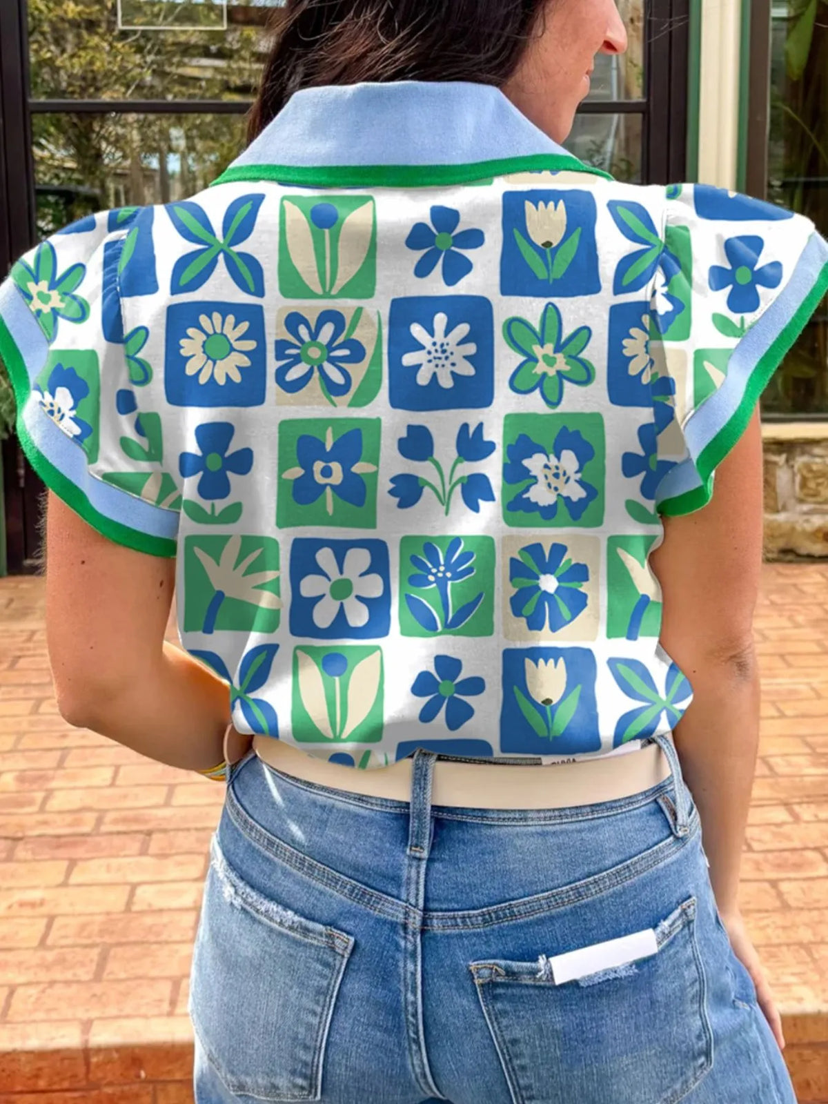 Floral Print Collared Blouse with Flutter Sleeves